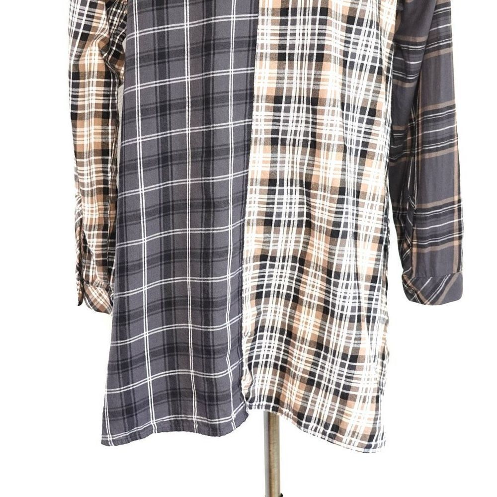 J.Jill Long Multi Plaid Button Down Blouse Tan Black White Size Medium Petite - Picture 8 of 14